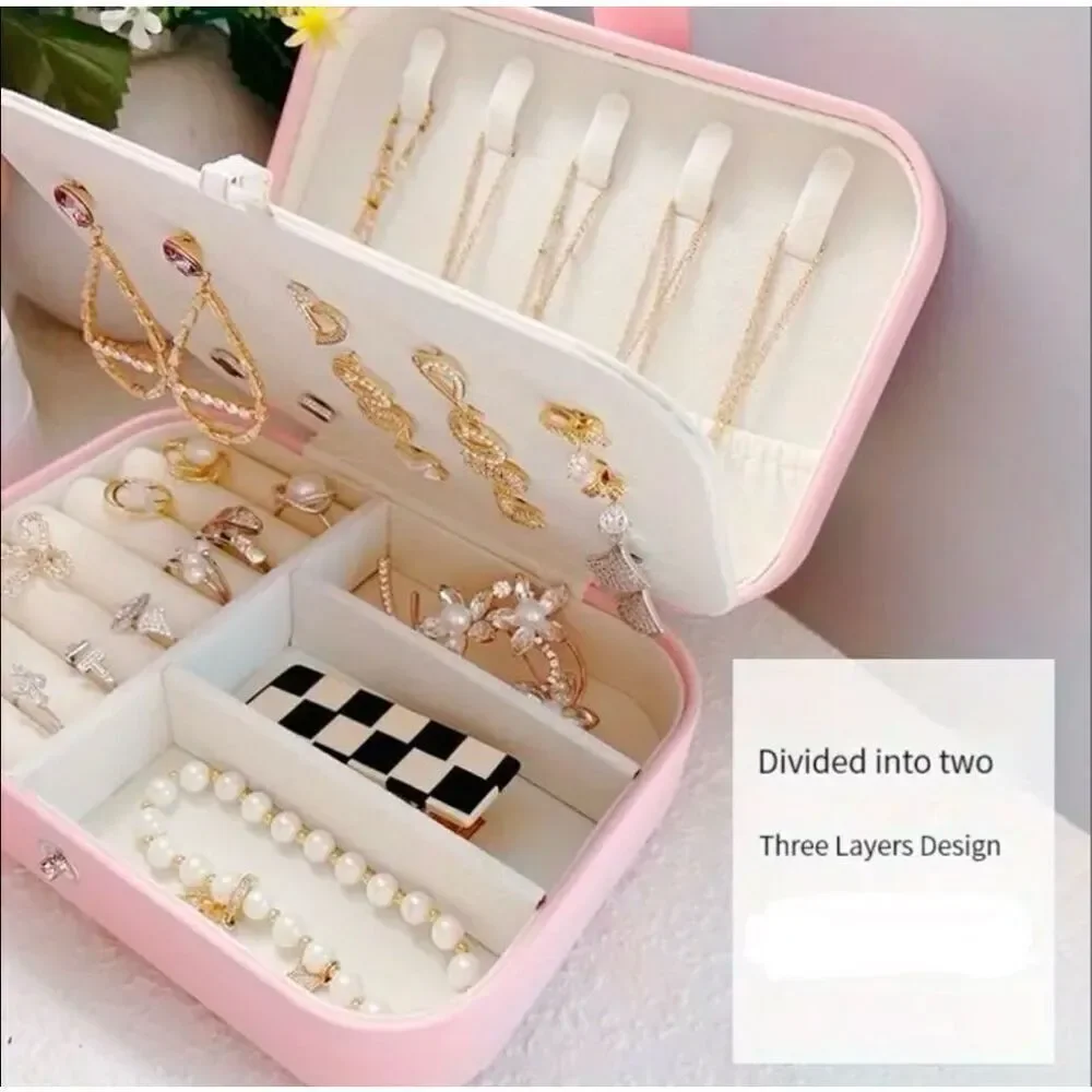 NWT Jewelry Box Case Pink Pu Leather Jewelry Organizer Earrings Bracelets Rings
